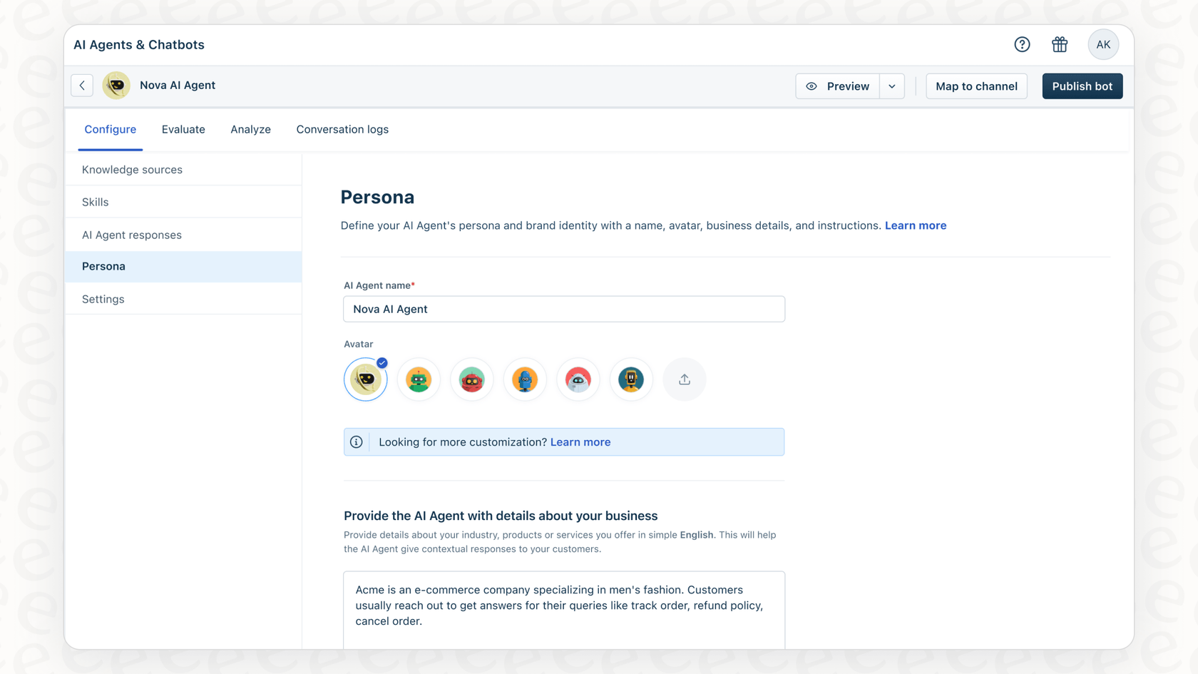 A user entering commands into the instructions text box to define AI behavior in the Freddy AI Agent Persona Settings.