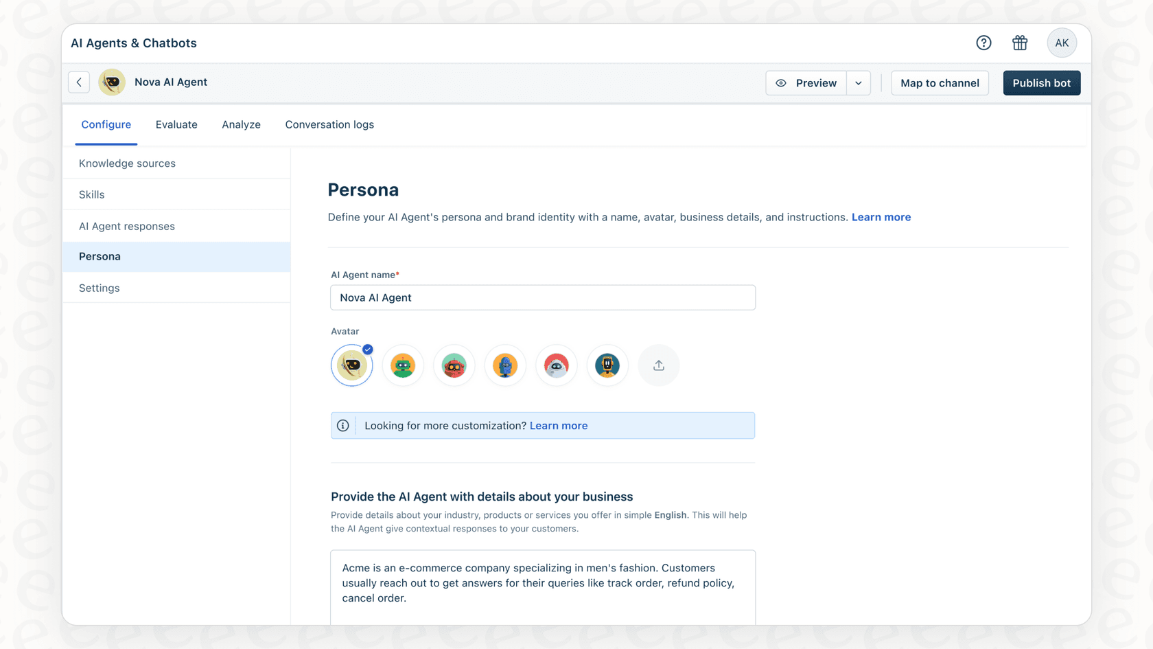 A user entering commands into the instructions text box to define AI behavior in the Freddy AI Agent Persona Settings.