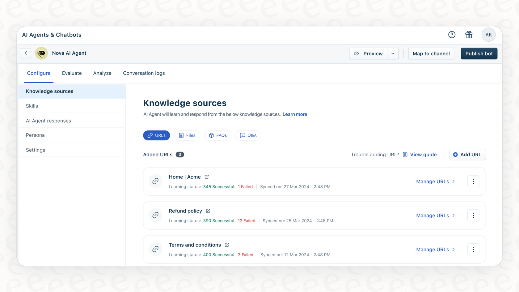Adding knowledge sources for Freddy AI Agent.