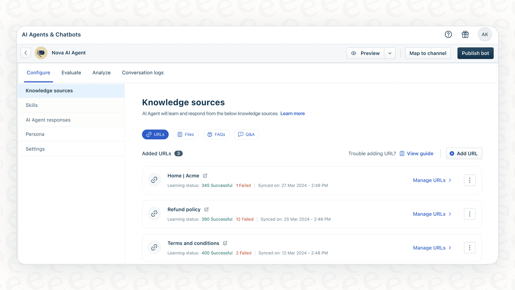 Adding knowledge sources for Freddy AI Agent.