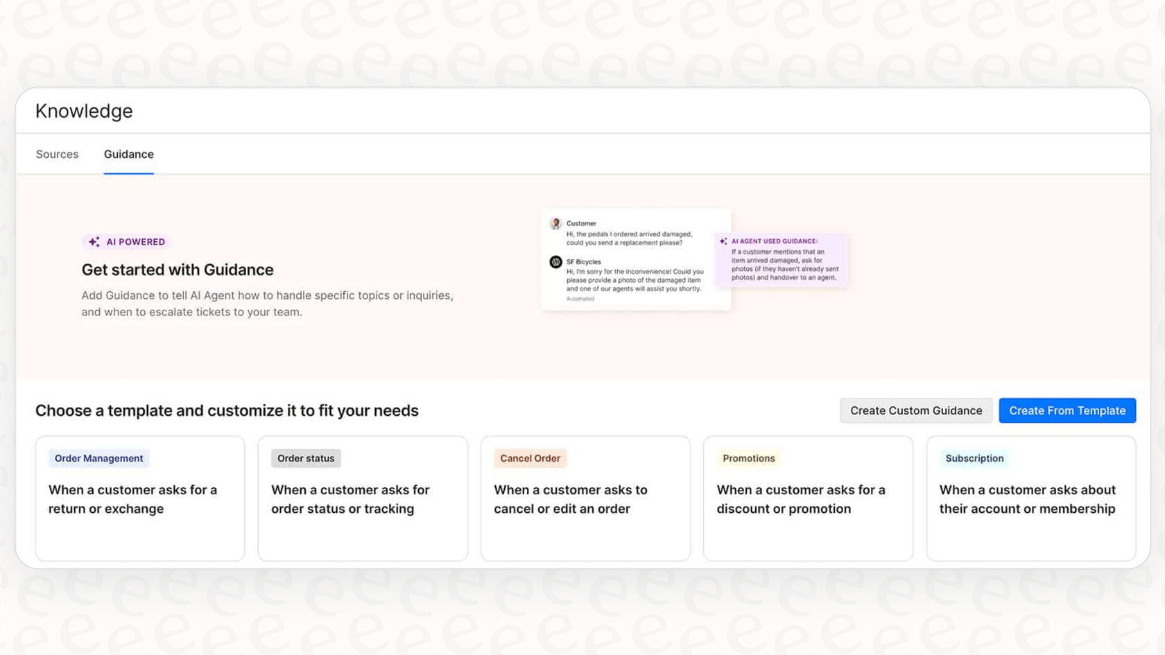 Esta imagem mostra as configurações de Orientação no Gorgias, onde pode configurar a IA para detetar a intenção de reembolso vs. troca a partir do texto da mensagem.::