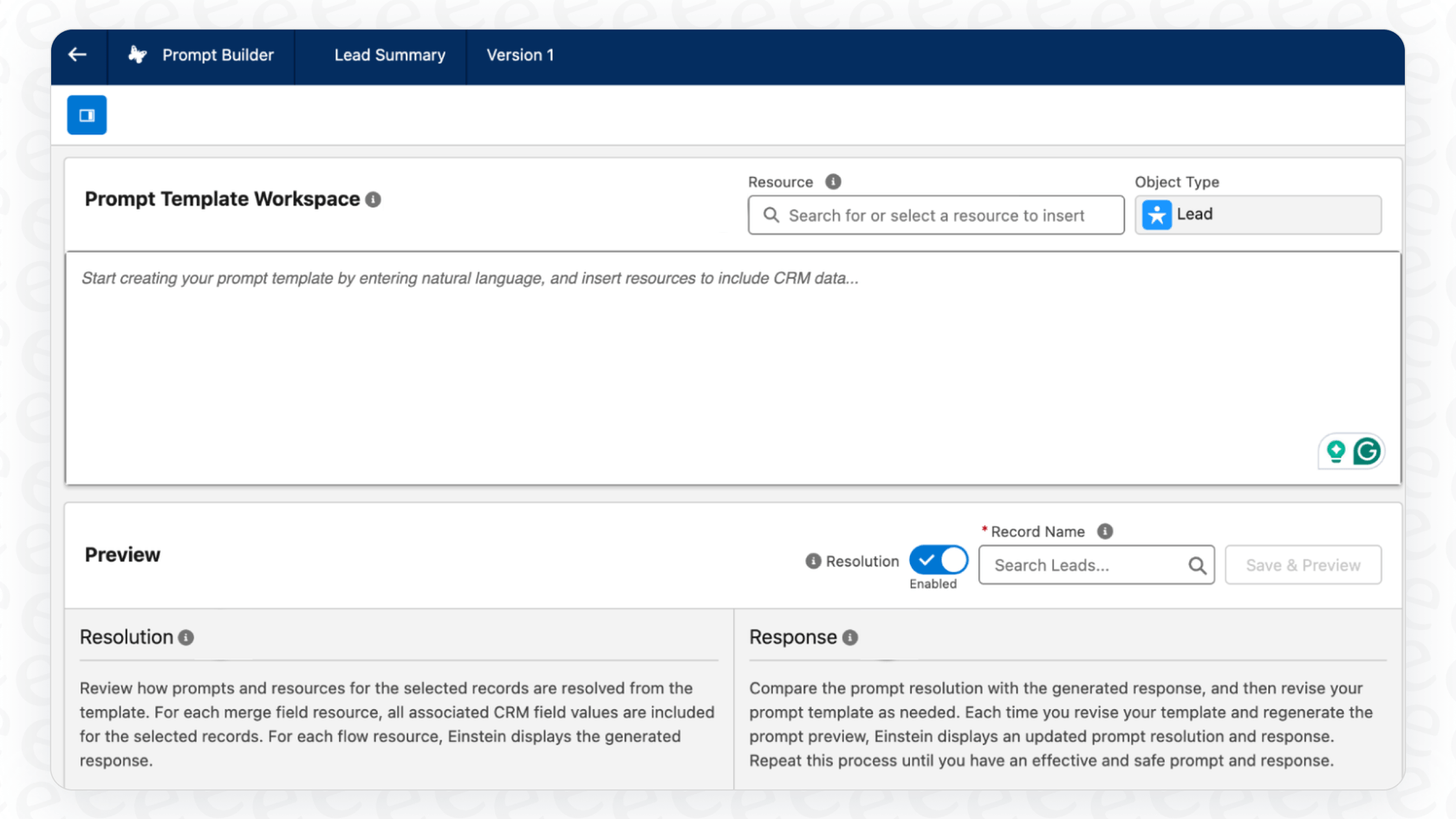 Screenshot of the Prompt Template Workspace in the Prompt Builder.