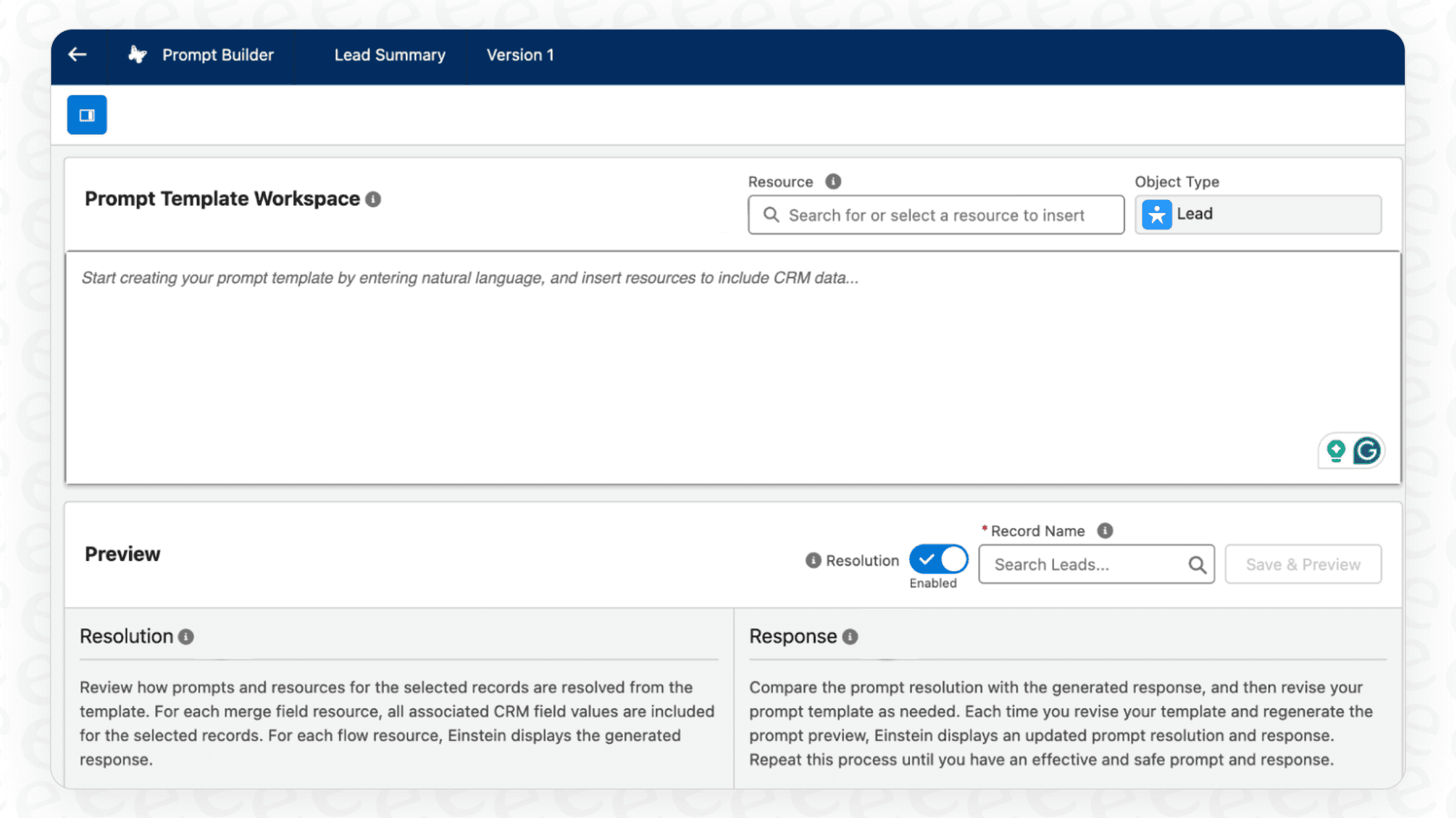 A user creating a new template in the Salesforce AI Prompt Builder, showcasing the main dashboard.