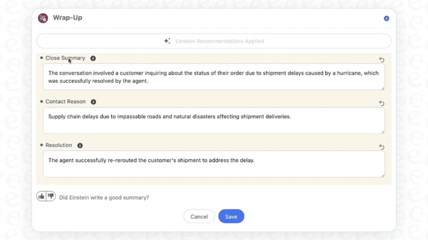 A screenshot of the Salesforce Einstein Work Summaries feature displaying the AI-generated summary, issue, and resolution fields for a customer service case.