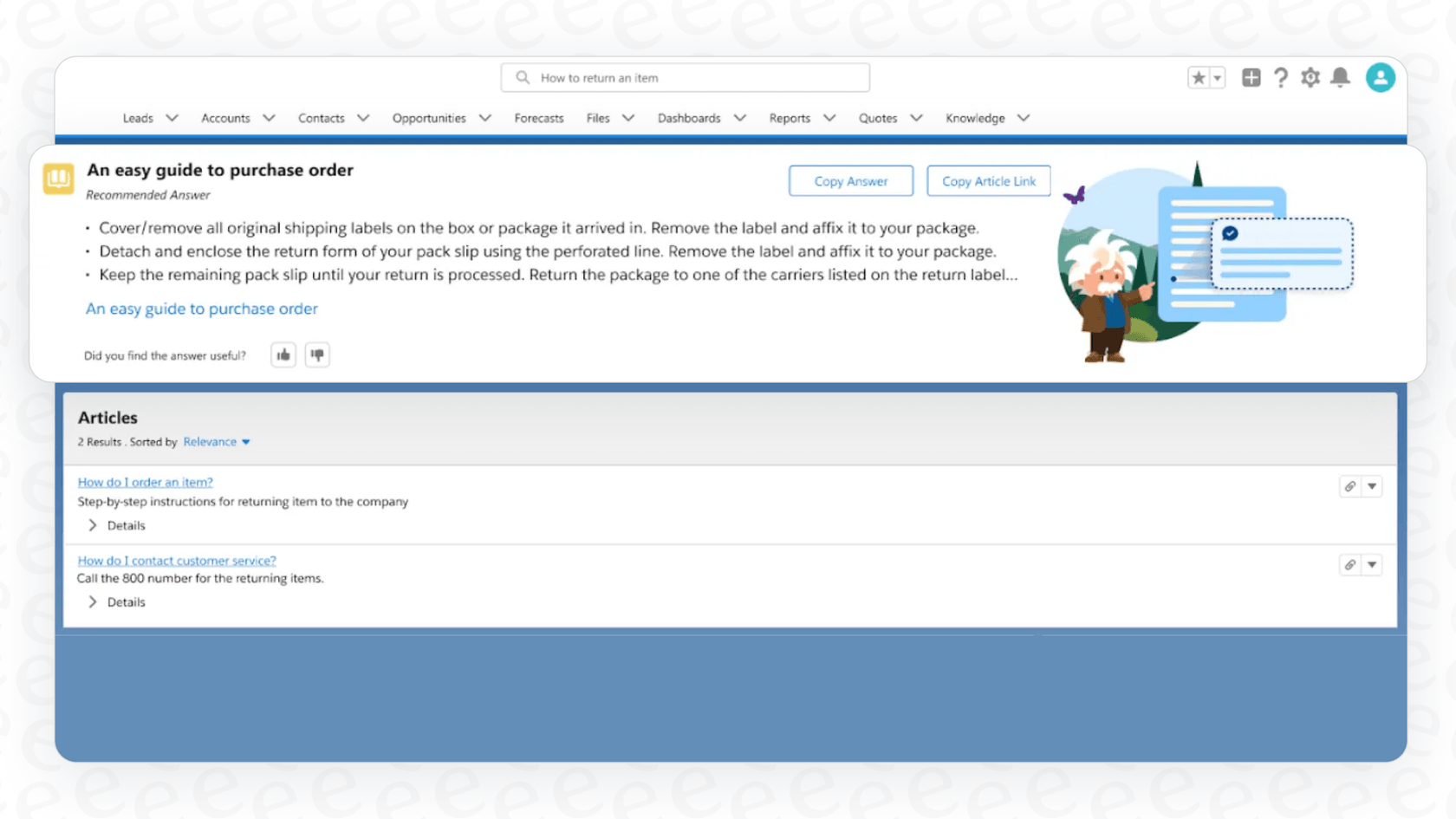 A screenshot of the Einstein Search Answers tool providing a direct answer to a query within the Salesforce platform, a result of the Salesforce AI Enable Setup.