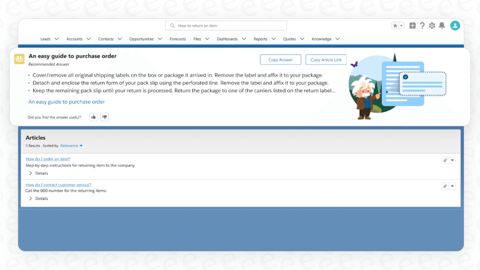 The Salesforce UI showing a search for "how to reset password," with an AI-generated answer snippet appearing directly in the search results, illustrating the enhanced Salesforce AI Search Autocomplete.