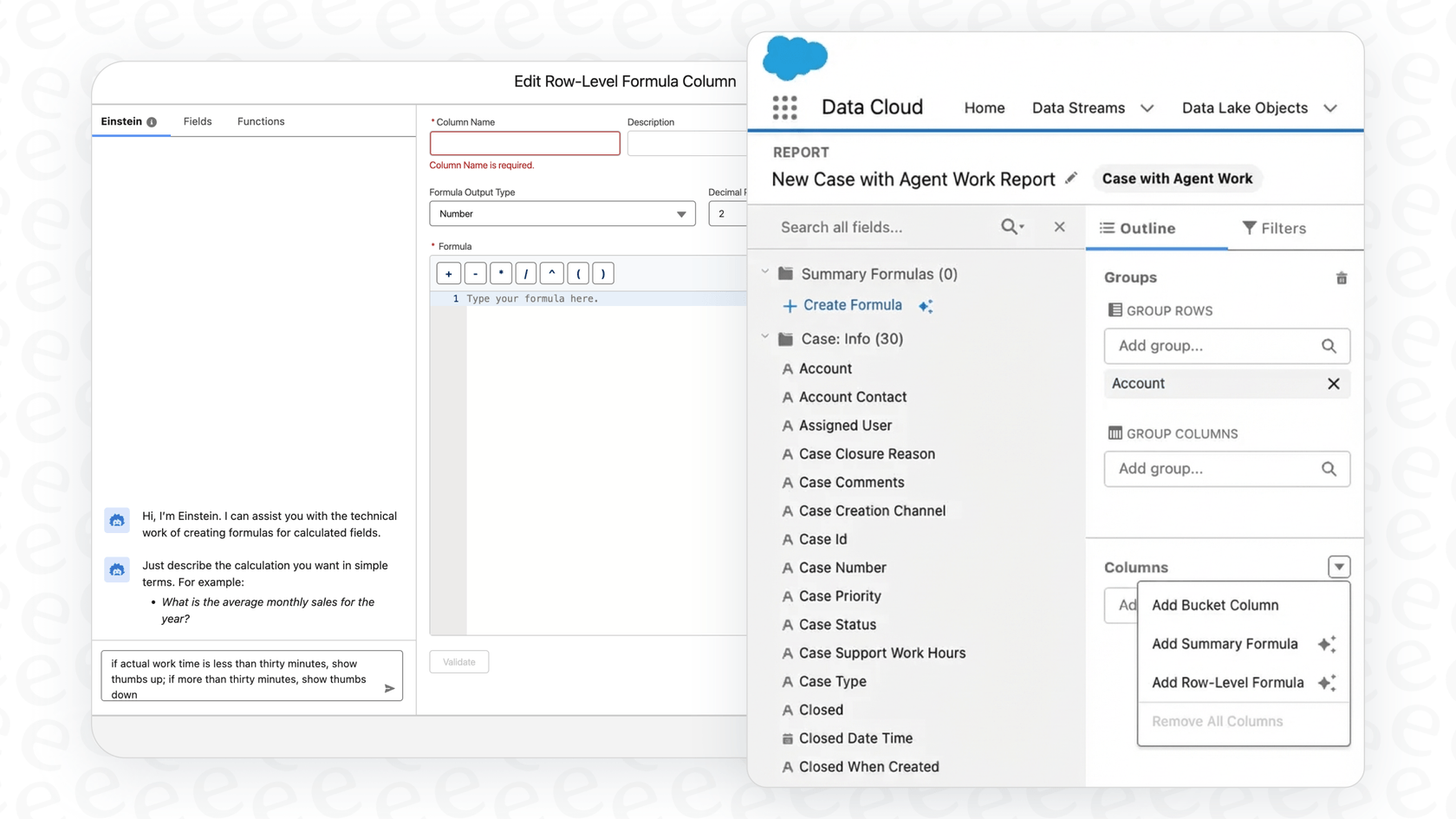 A user inputs a natural language query to generate a formula using the Salesforce AI Formula Generation feature in Salesforce reports.