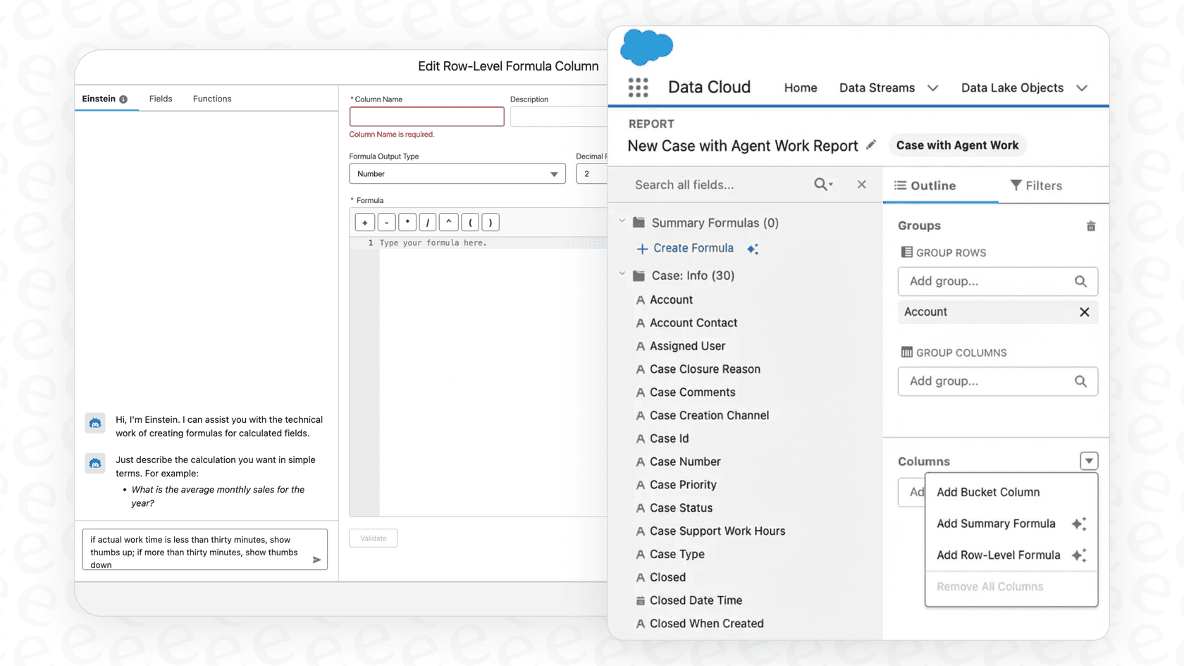 A user inputs a natural language query to generate a formula using the Salesforce AI Formula Generation feature in Salesforce reports.