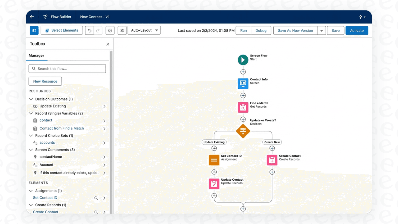 The Salesforce Flow Builder interface, an example of where Salesforce AI Formula Generation can be used to define automation triggers.