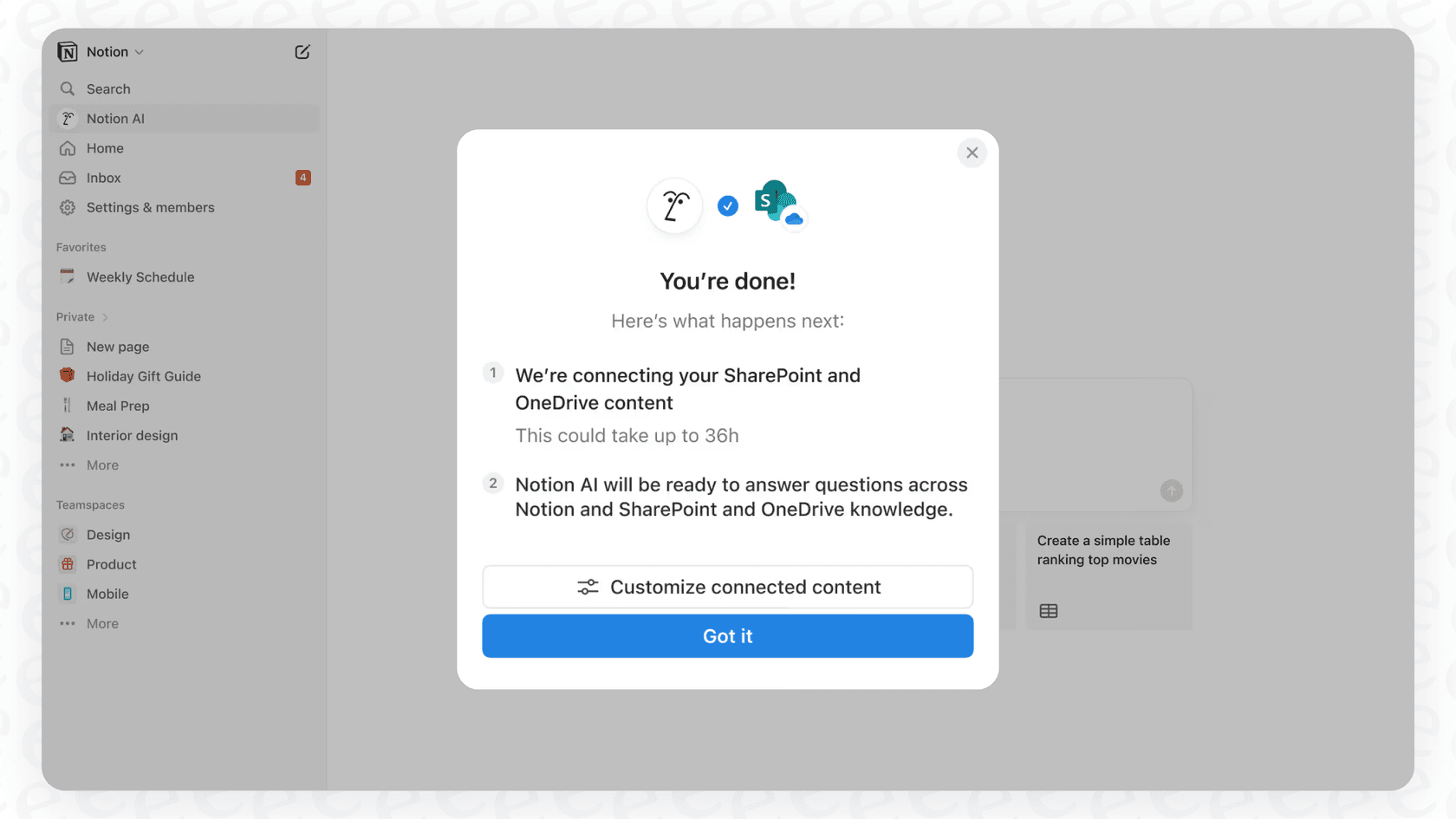 Screenshot of a user setting up Notion AI SharePoint and OneDrive Connector