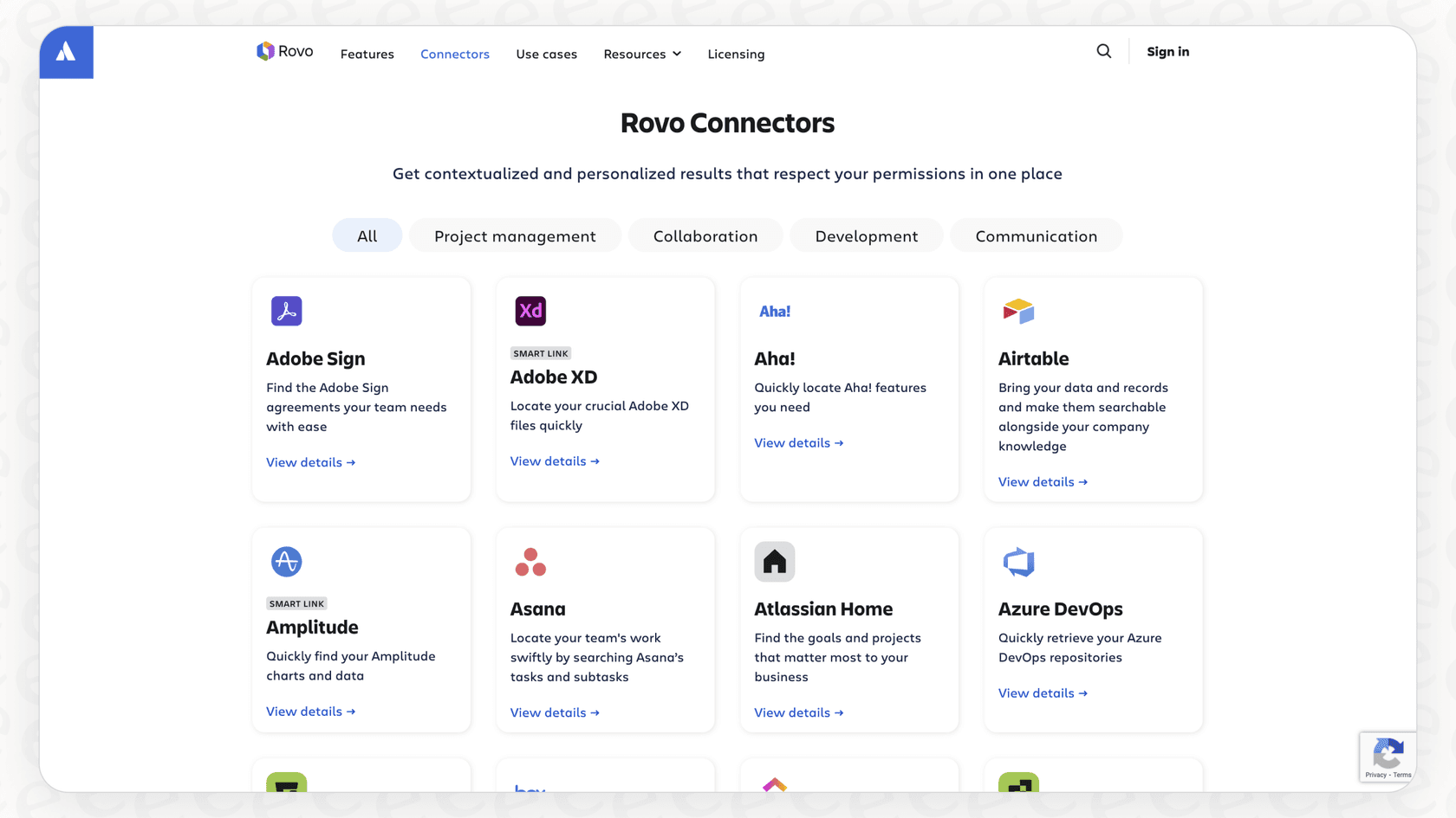 A visual grid of logos for apps supported by Rovo AI Connectors, including document, collaboration, communication, and CRM tools.
