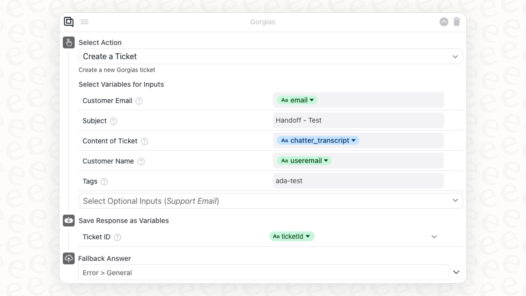 Uma vista da configuração da sequência de ações do Gorgias, um passo fundamental ao usar a IA do Gorgias para detetar a intenção de reembolso vs. troca a partir do texto da mensagem.::