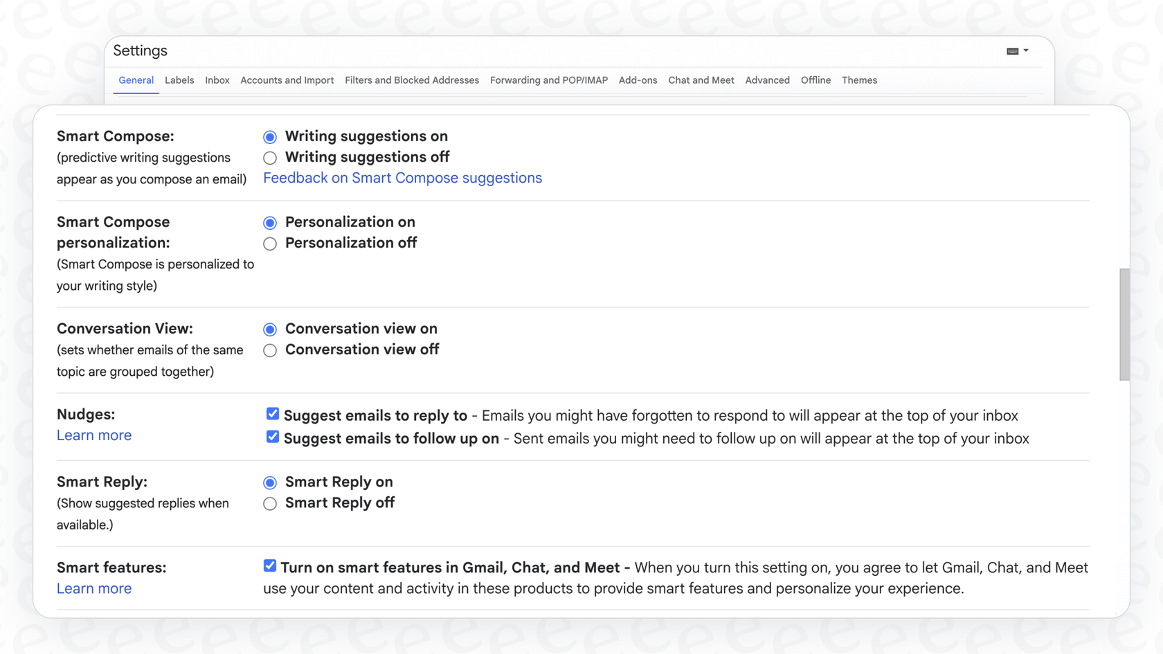 A screenshot of Gmail settings highlighting where to turn off the Gmail Summarize This Email function and other smart features.