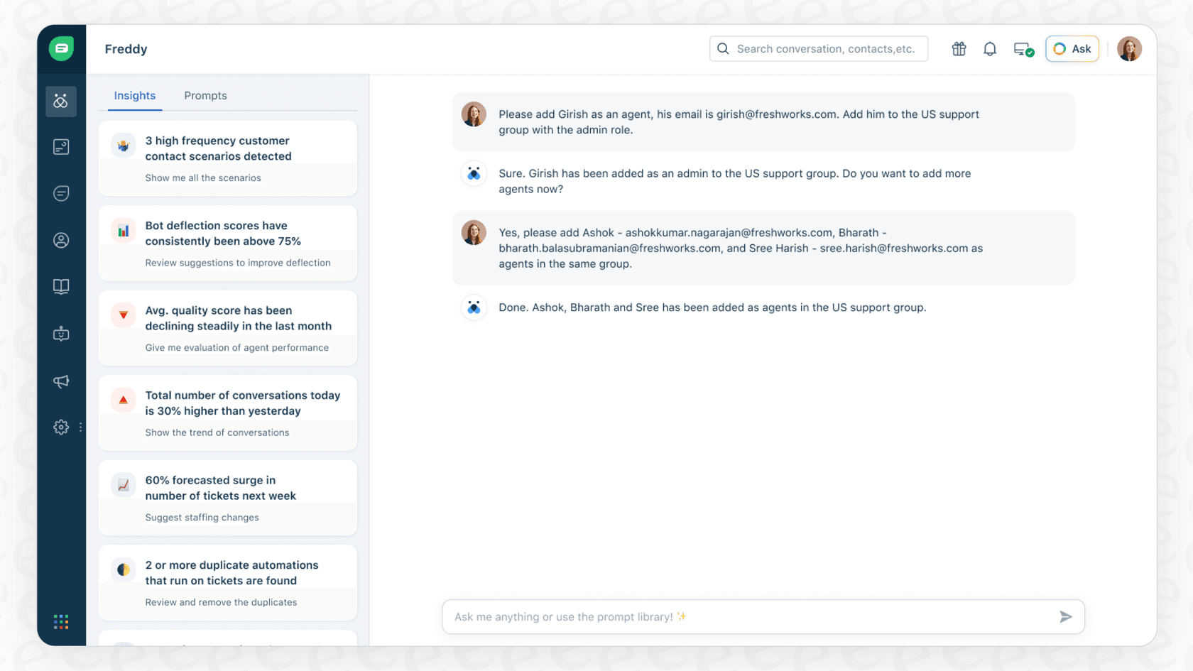 A screenshot demonstrating how an admin uses Freddy AI conversational actions to manage helpdesk settings.