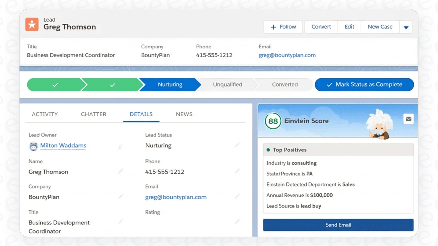 A clear example of Salesforce AI Predictive Analytics providing scores for sales leads.