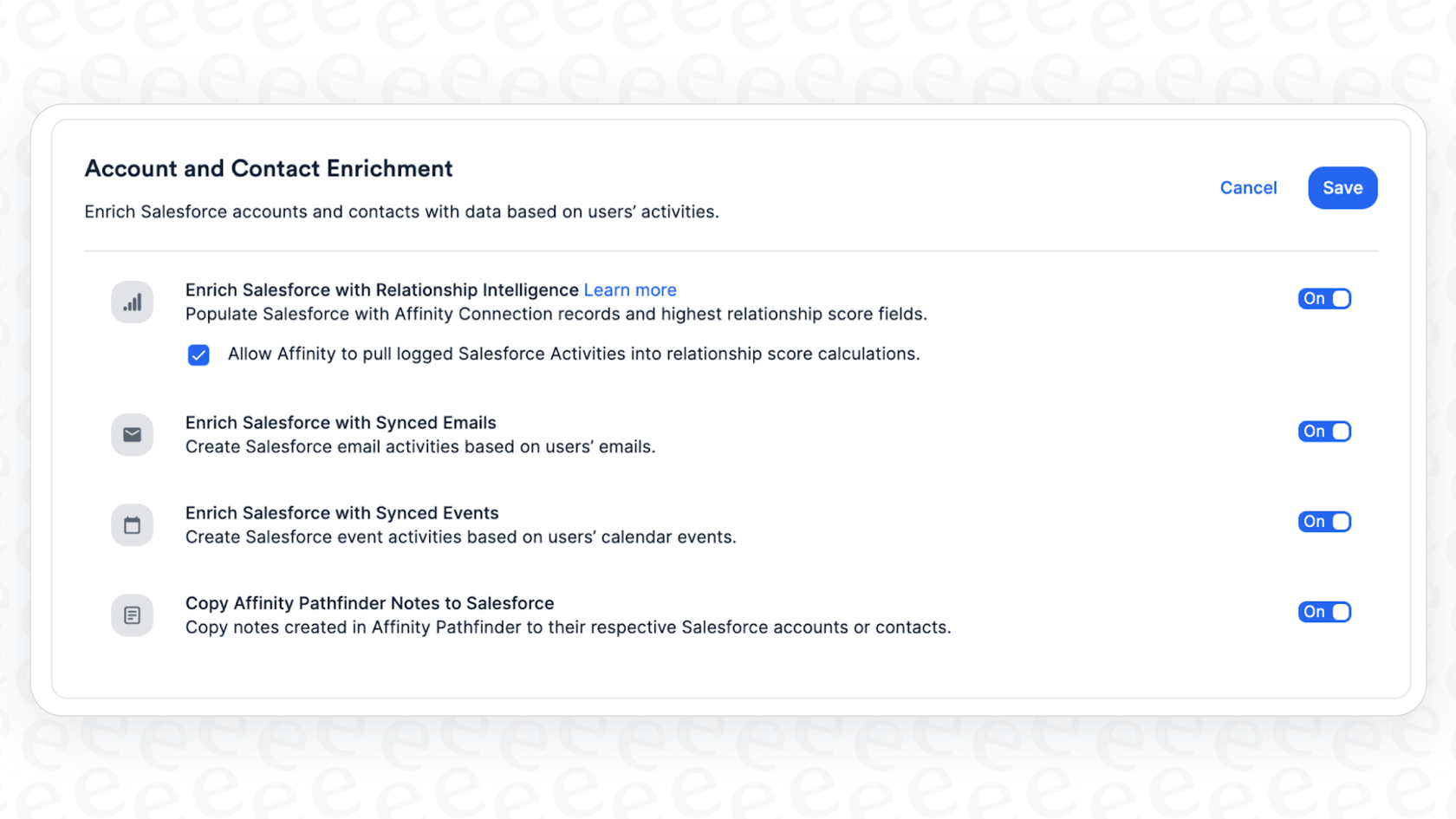A view of the Salesforce AI contact enrichment settings