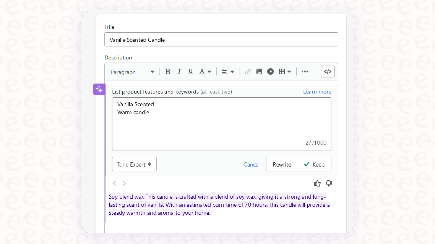 An example of Shopify Sidekick Conversational Prompting being used to write a product description.