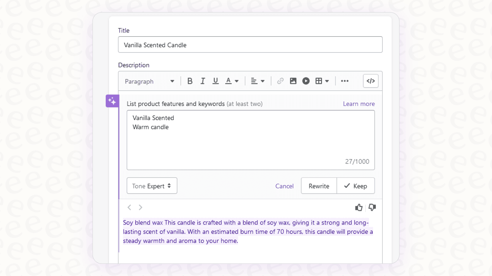 A demonstration of Shopify Sidekick Contextual Insights writing a product description for an ecommerce store.