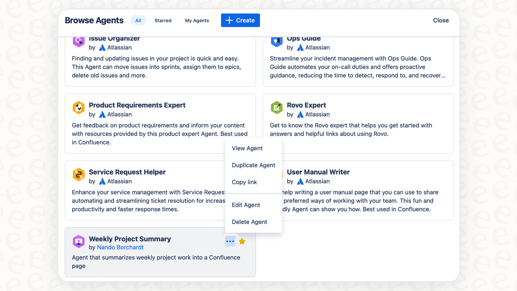 Screenshot of viewing Rovo Agent profiles.
