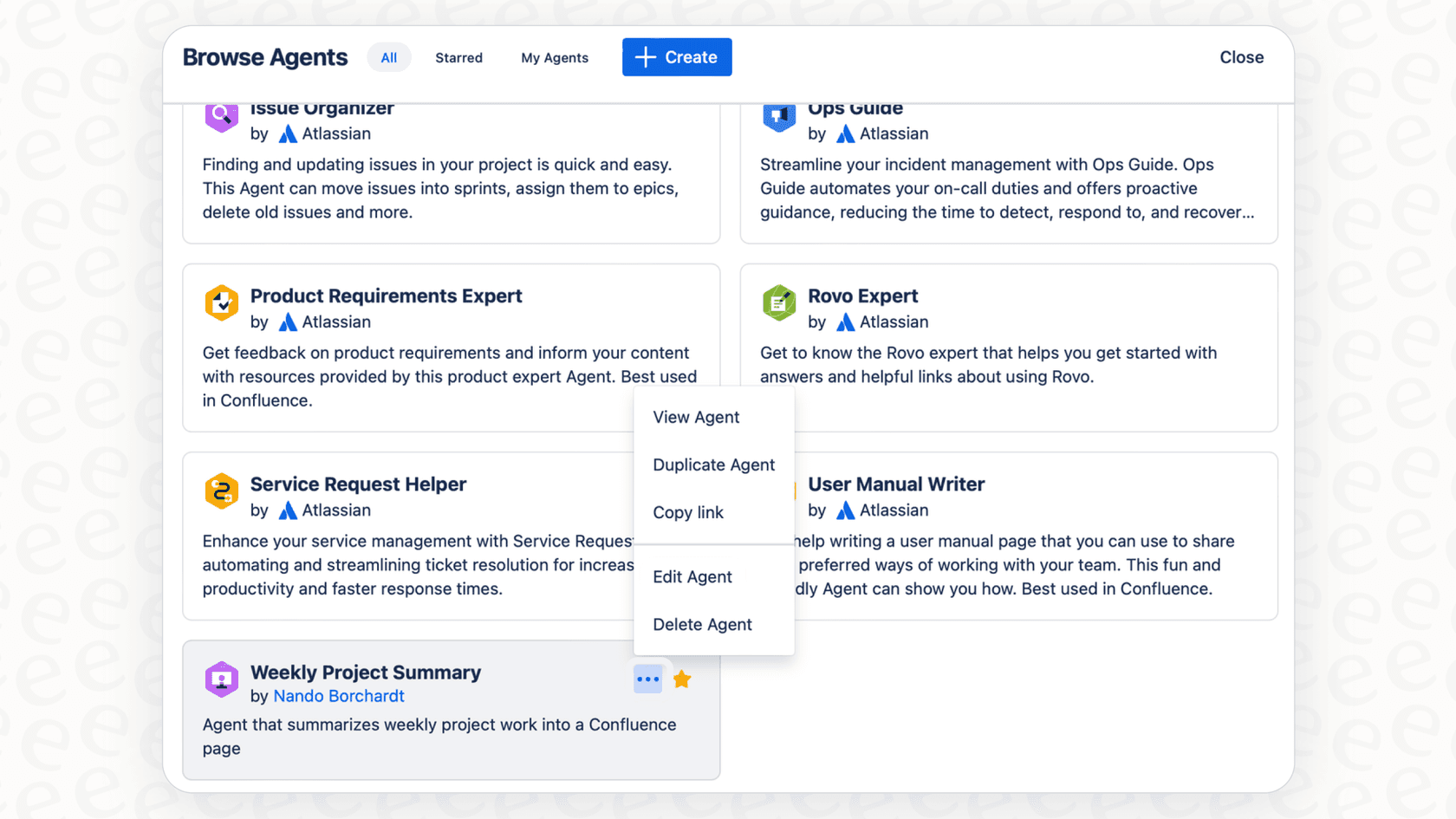 Screenshot of viewing Rovo Agent profiles.