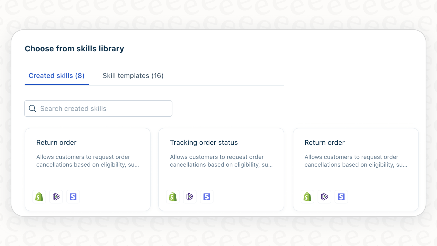A screenshot displaying the limited options within the Freddy AI prebuilt Skills Library.