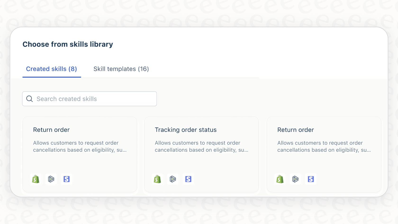 A screenshot displaying the limited options within the Freddy AI prebuilt Skills Library.