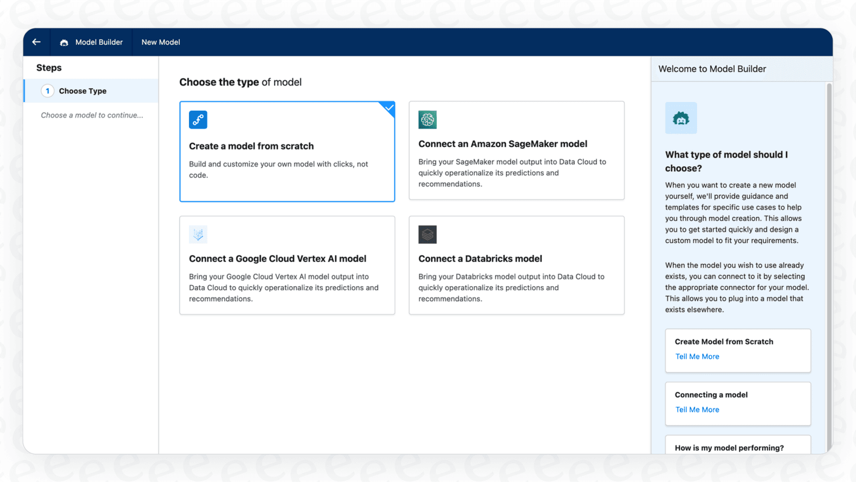 A screenshot of the Salesforce AI Model Builder, showing the initial step of choosing a model type, a part of Salesforce chatbot best practices.