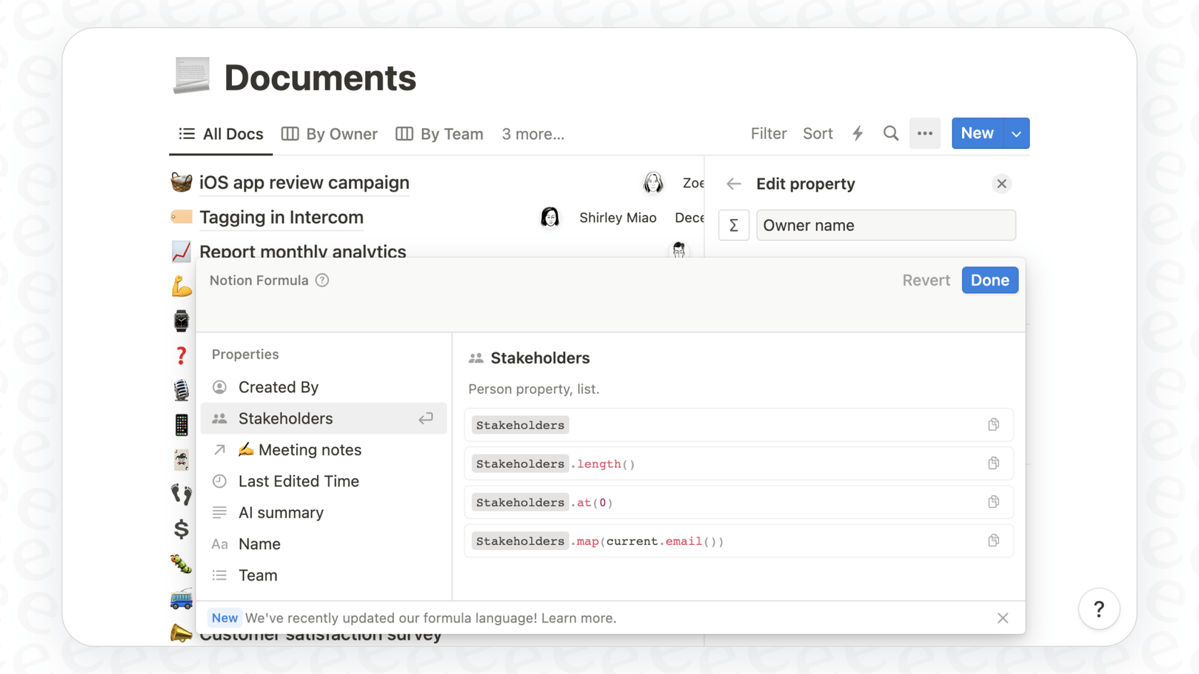 A user asks the AI to create a formula, demonstrating Notion AI formula suggestions in databases.