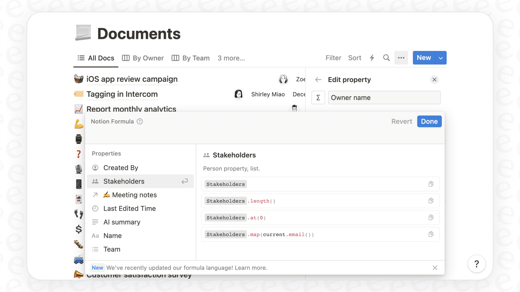 A user asks the AI to create a formula, demonstrating Notion AI formula suggestions in databases.