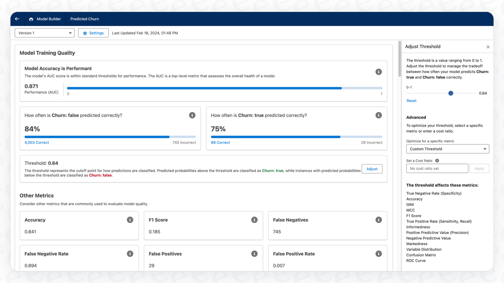Inspecting a built Salesforce Model, a key step in Salesforce chatbot best practices for ensuring quality.
