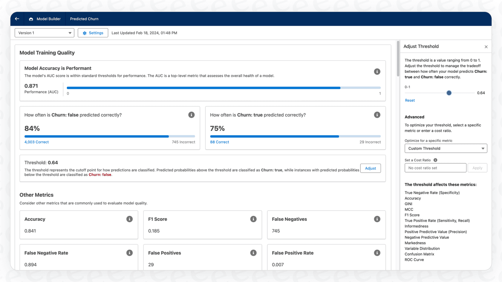 Inspecting a built Salesforce Model, a key step in Salesforce chatbot best practices for ensuring quality.
