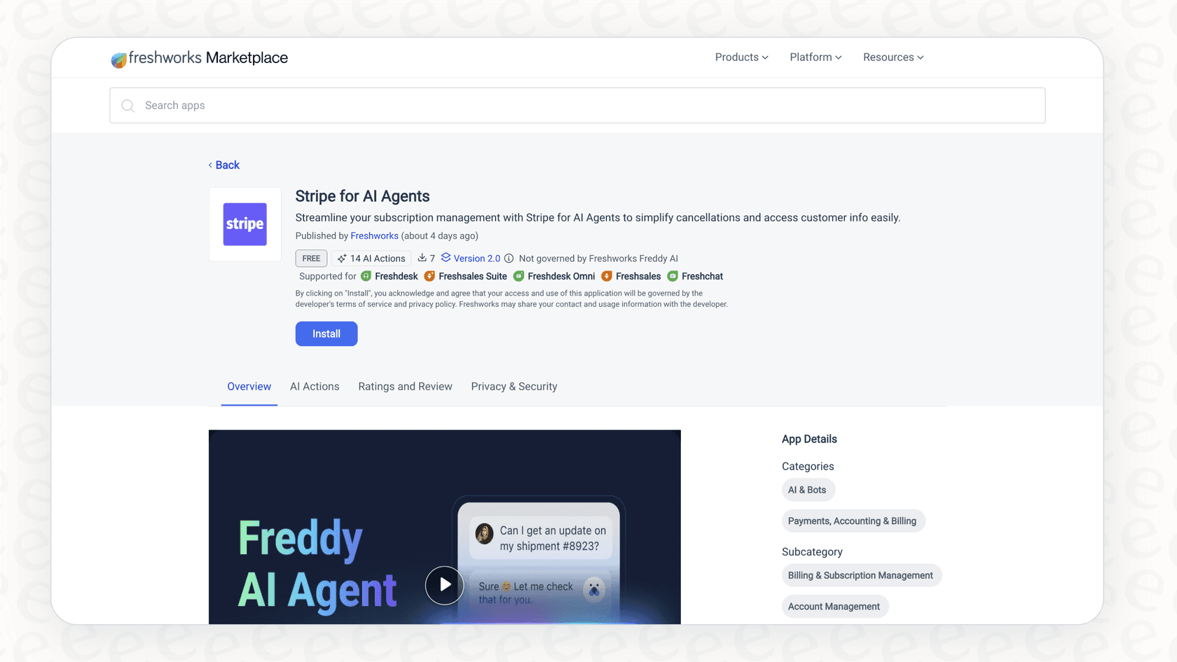 Screenshot of Stripe in Freshworks marketplace