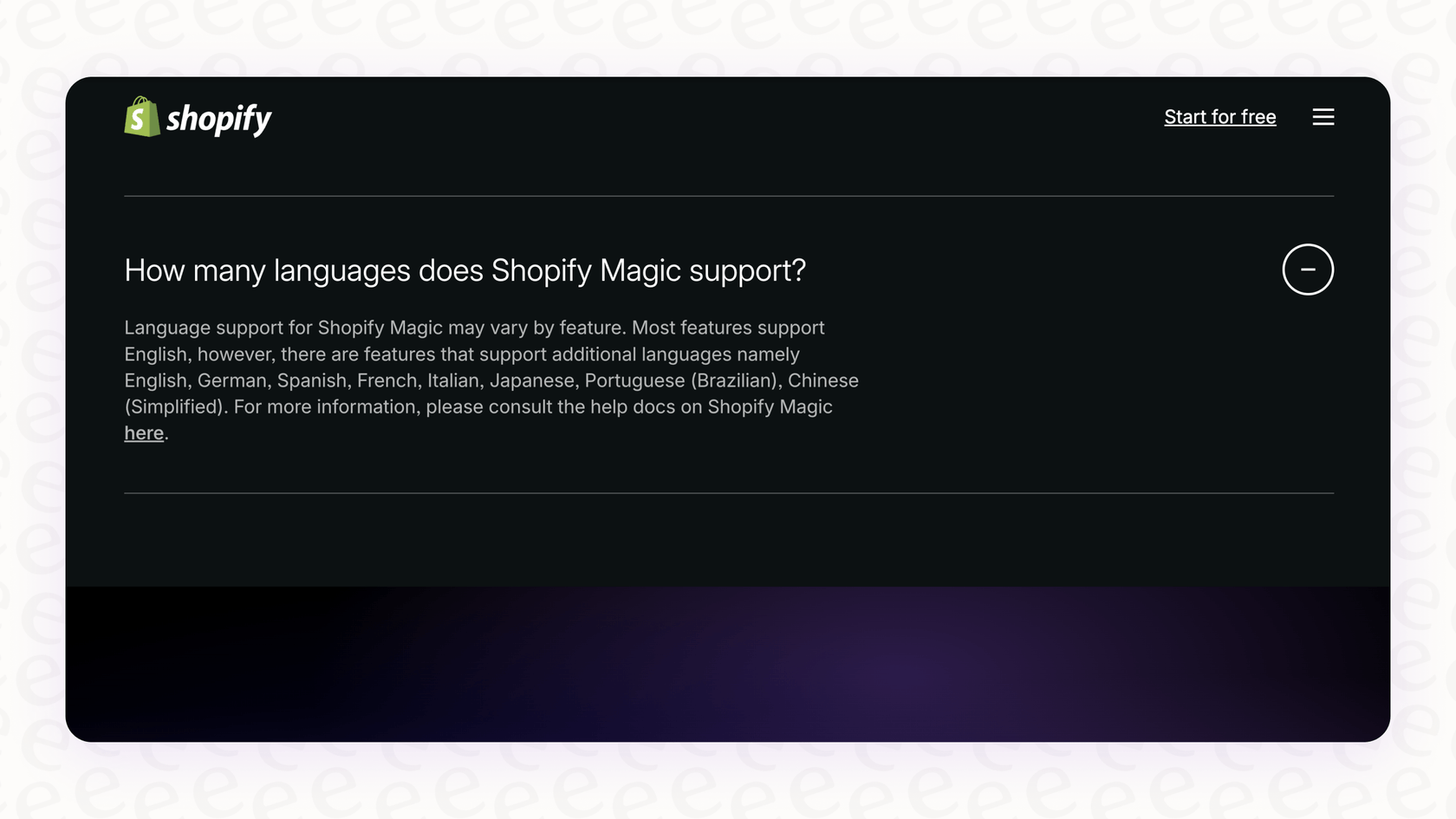 Screenshot of available languages in Shopify