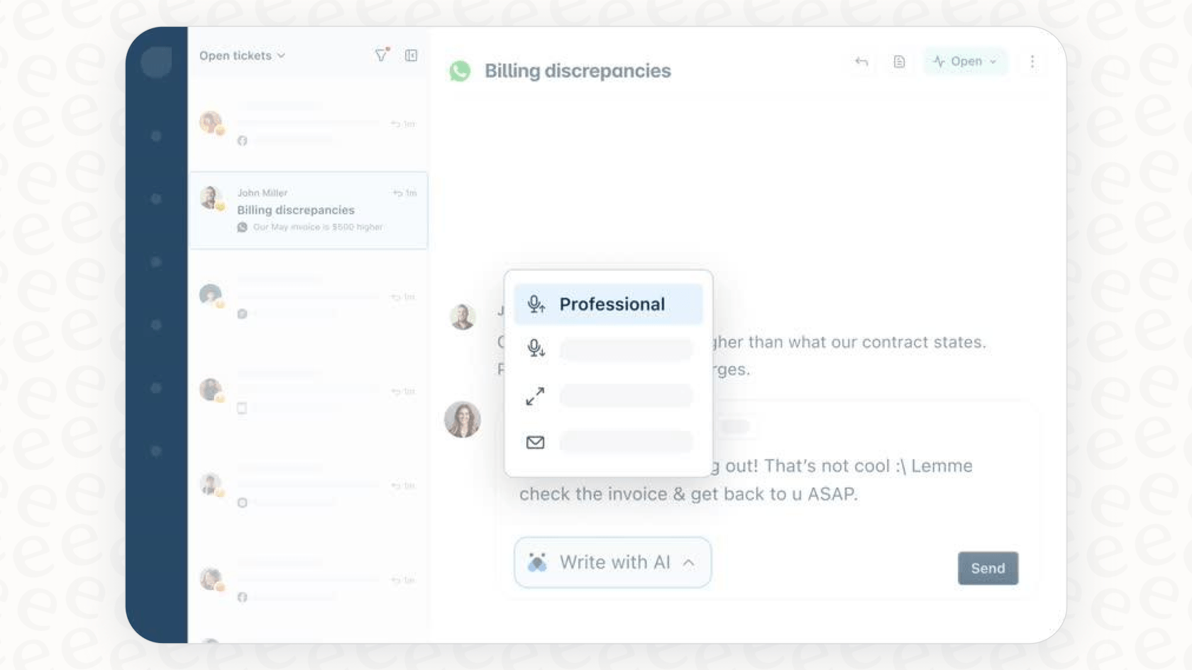 A screenshot showing where the Freddy AI writing is located in the Freshdesk UI to help agents.