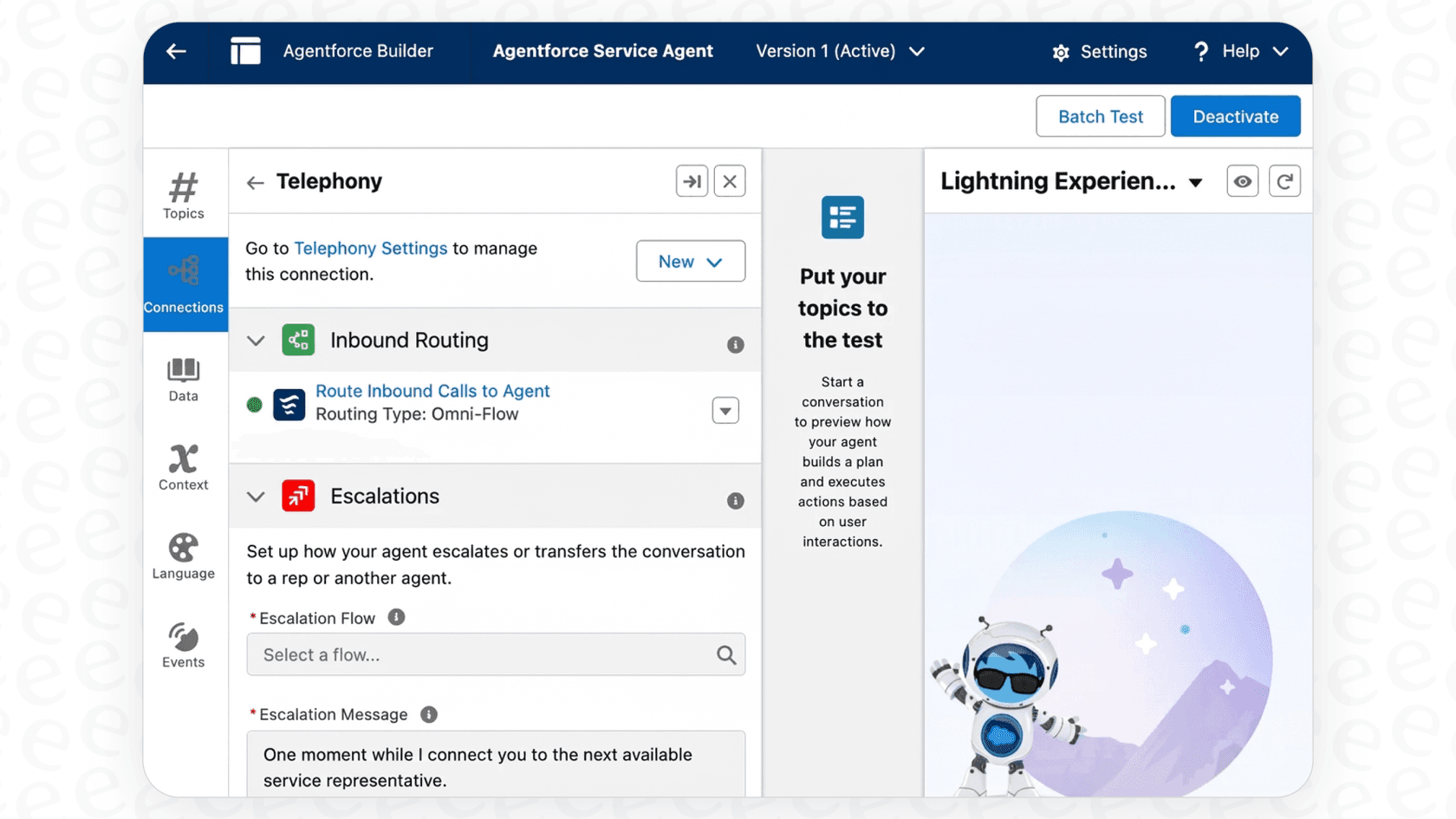 Salesforce Agentforce escalation topic settings