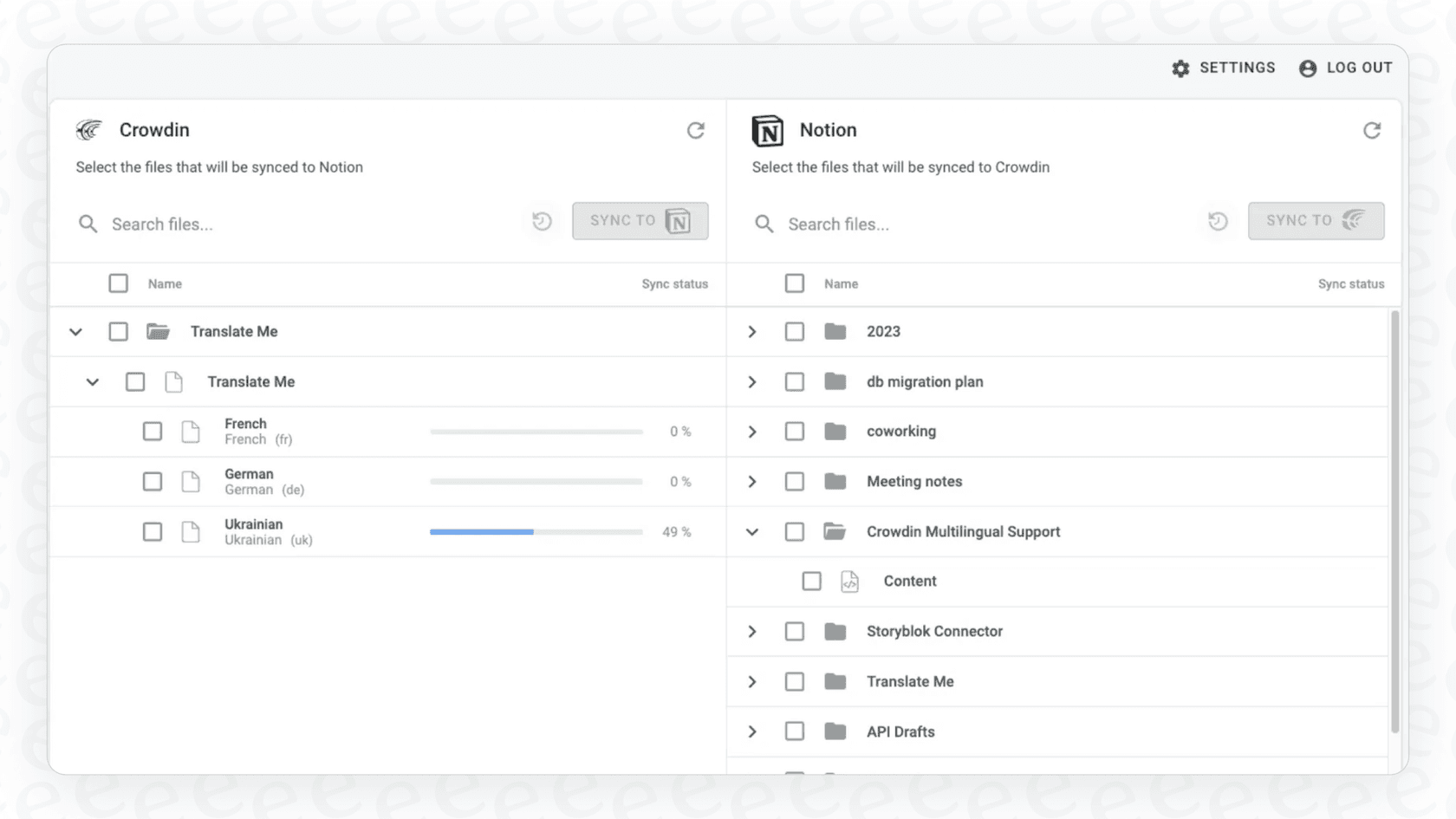 The Crowdin interface connected to Notion, used for managing a Notion Translate Page with localization features.