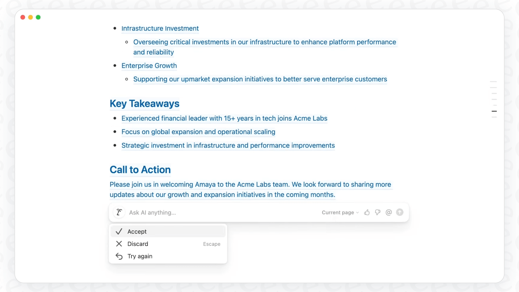 A screenshot detailing the simple thumbs-up/down Notion AI feedback mechanism within the application.