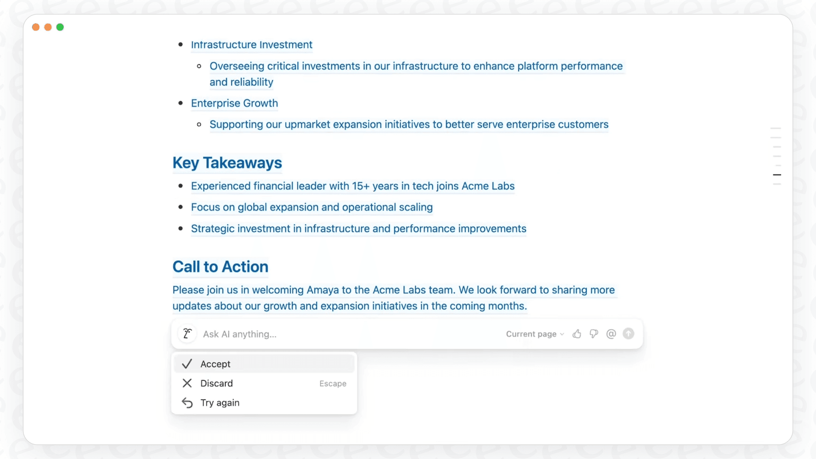 A screenshot detailing the simple thumbs-up/down Notion AI feedback mechanism within the application.