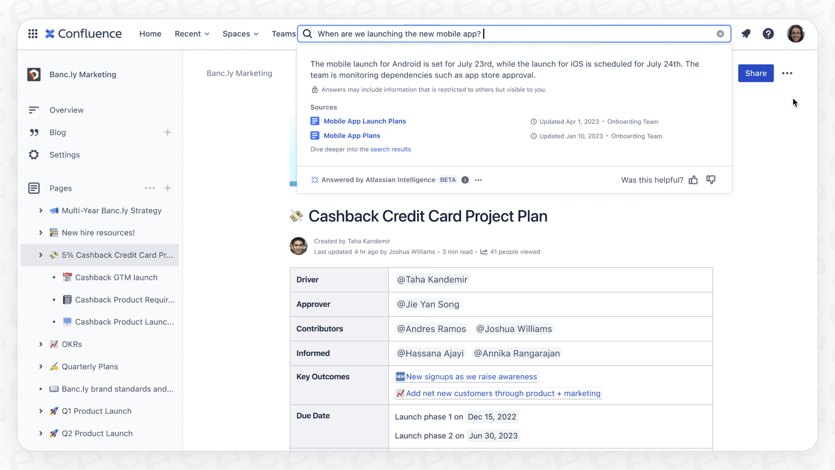 An example of the Q&A search feature for Atlassian Intelligence related Confluence content showing how a user can ask a question and get a direct answer.