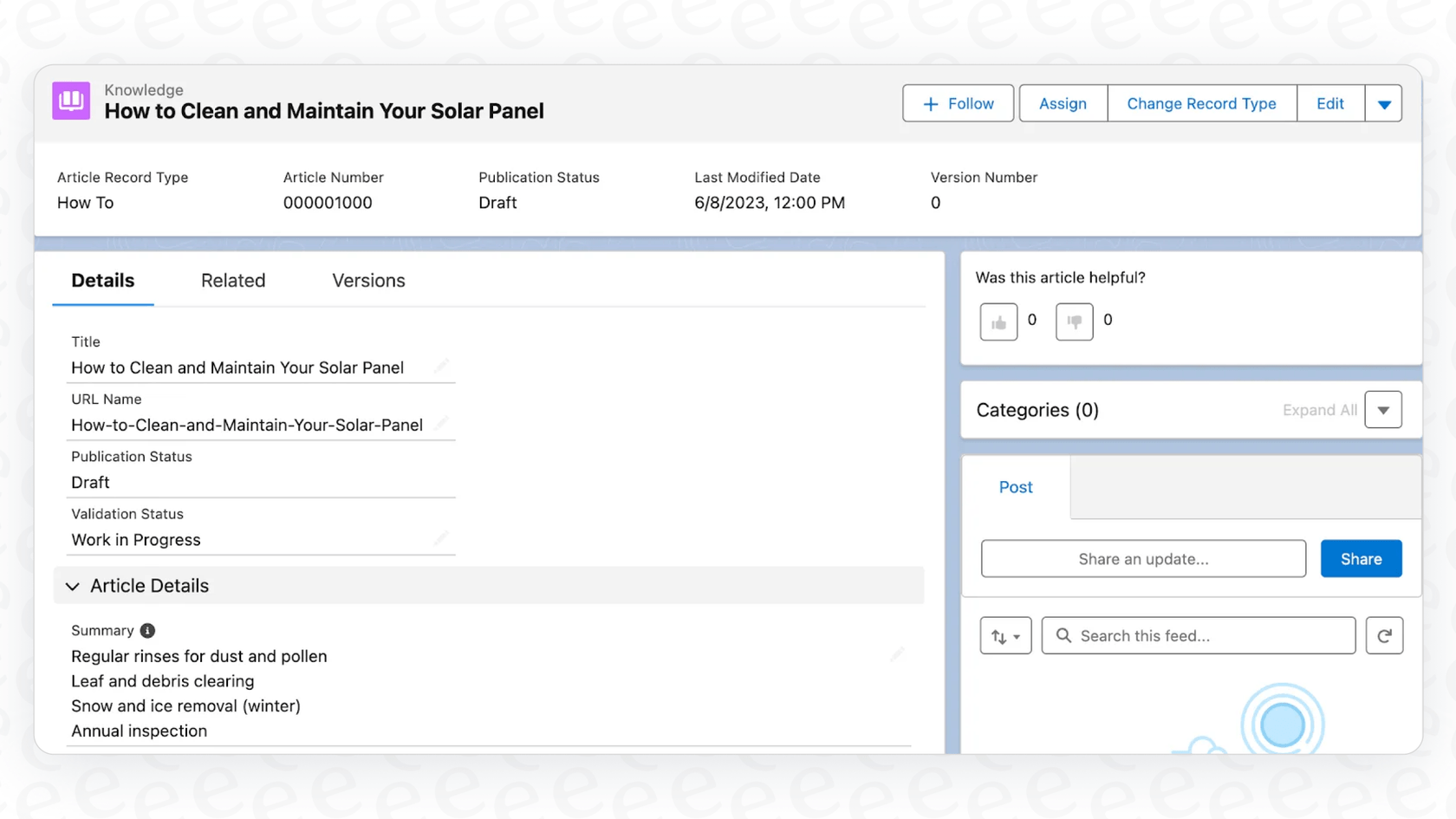 A screenshot of an article draft generated by Salesforce AI Knowledge Creation, with the problem, cause, and solution sections filled out automatically.