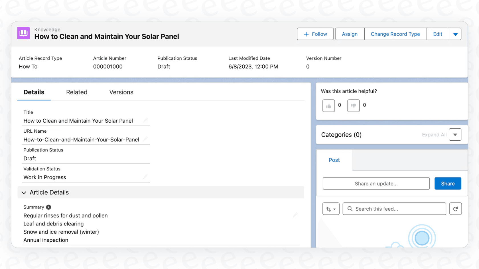 Salesforce AI Knowledge Creationによって生成された記事のドラフトのスクリーンショット。問題、原因、および解決策のセクションが自動的に入力されています。