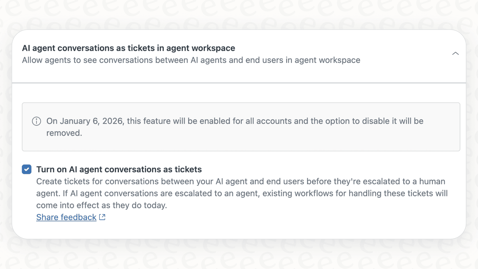 Screenshot of a setting in Zendesk AI Agent Workspace.
