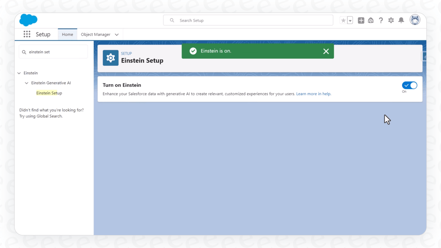 Screenshot of the "Turn on Einstein" toggle button within the Salesforce Setup menu, a key step in the Salesforce AI Enable Setup.