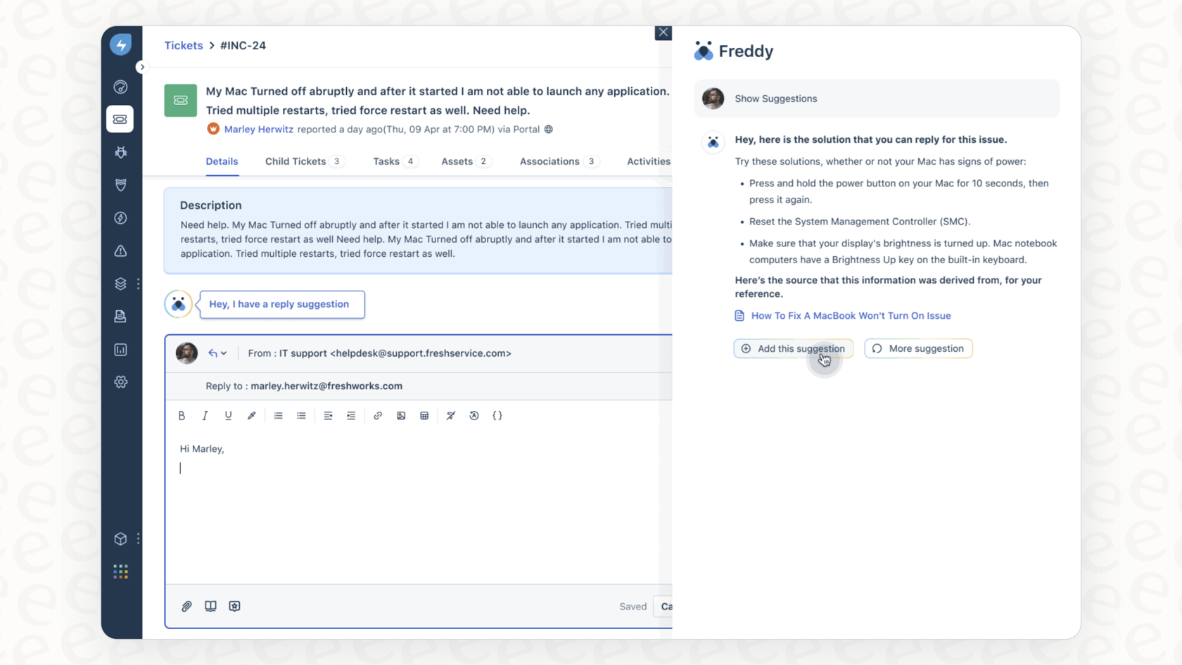 A view of the Freshdesk ticket interface with the Freddy AI Copilot sidebar showing reply suggestions and ticket summaries, illustrating key Freshdesk AI features.
