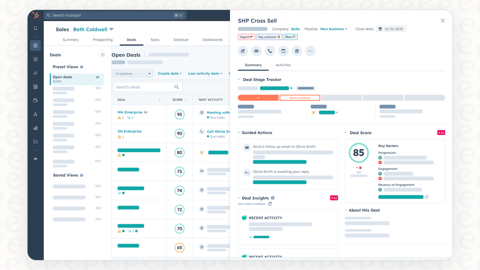 An example of an AI-generated summary provided by the HubSpot AI customer service agent, detailing recent sales activities.::