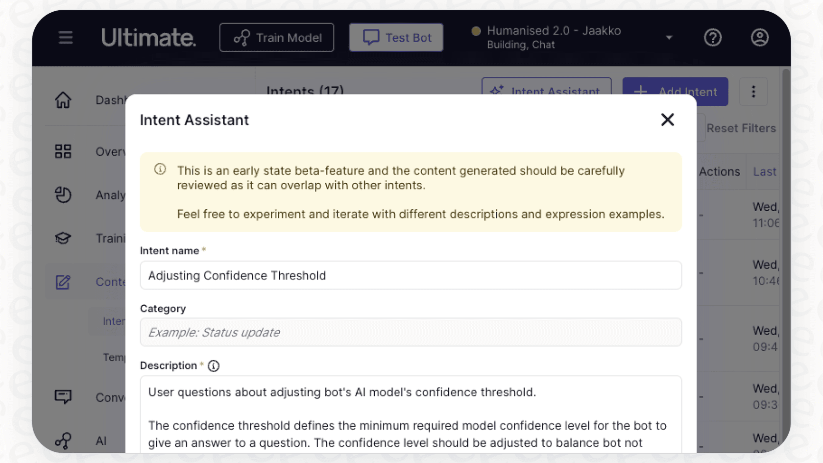 The interface for adding training phrases to trigger a flow in the Zendesk bot builder.