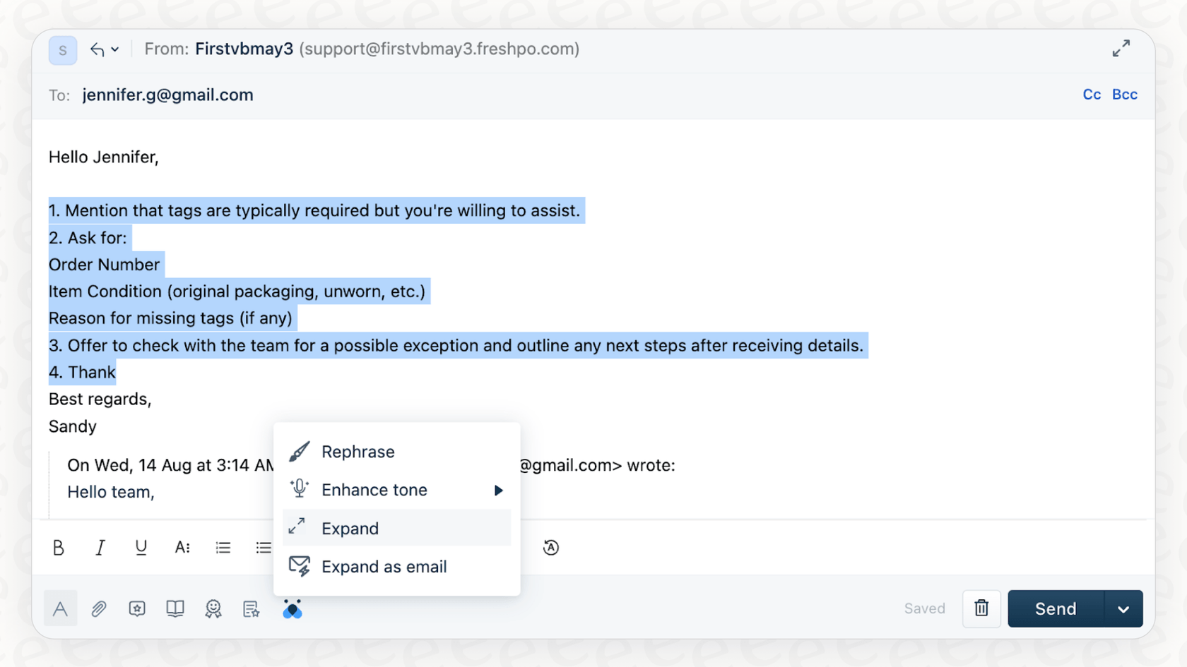 Ein Freshdesk-Ticket, bei dem ein Mitarbeiter die Freddy AI Nachrichtenerweiterungsfunktion nutzt, um automatisch eine Kundenantwort aus Notizen zu schreiben.