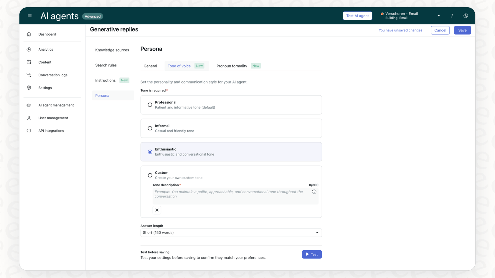 Capture d'écran d'un utilisateur configurant le Persona dans Zendesk Advanced AI Generative Replies