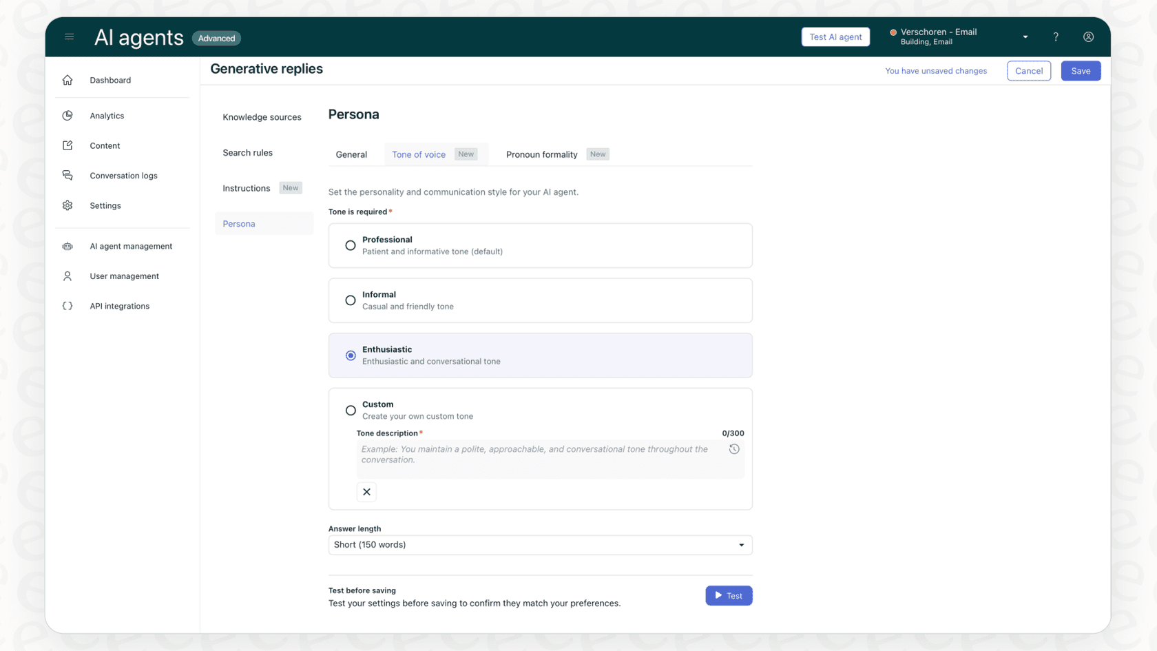 Screenshot of a user setting up Persona in Zendesk Advanced AI Generative Replies