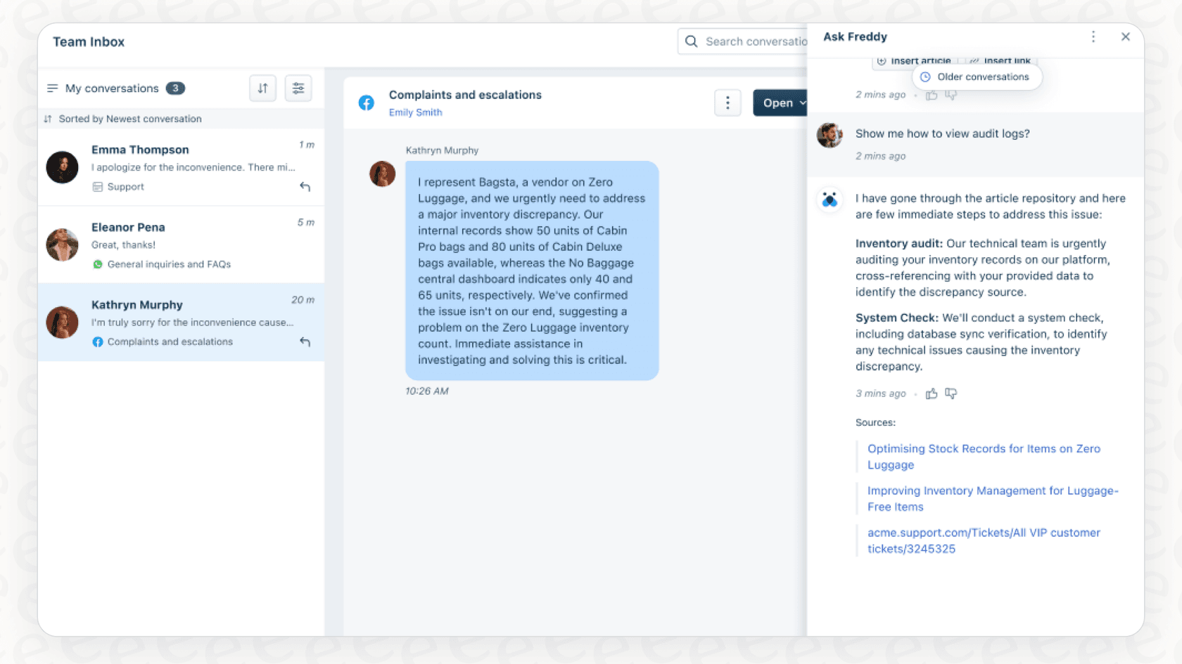 Capture d'écran d'un utilisateur demandant des informations à Freddy Copilot.